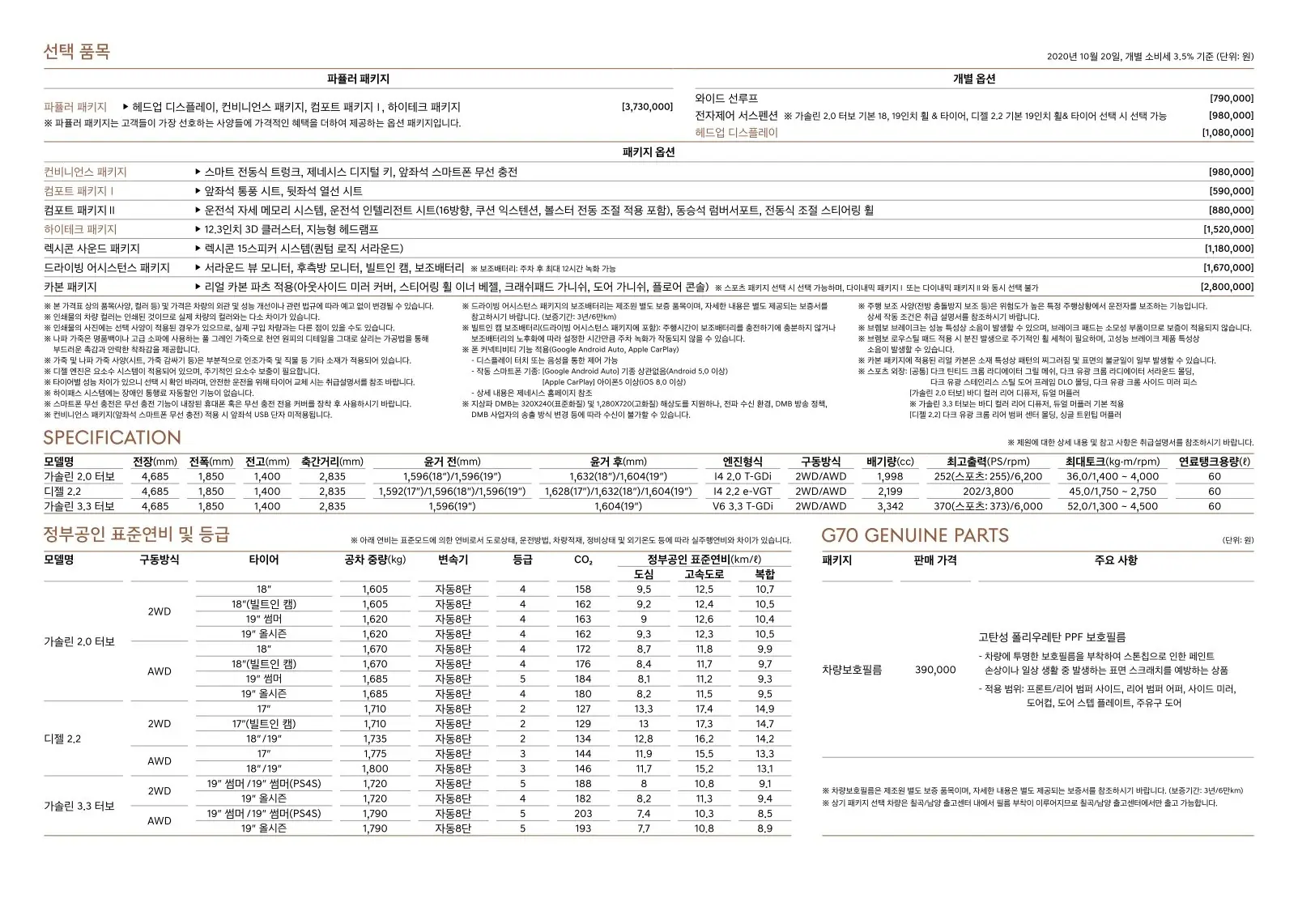 2020년 10월 G70 가격표 (제네시스 더 뉴 G70 출시) 4쪽