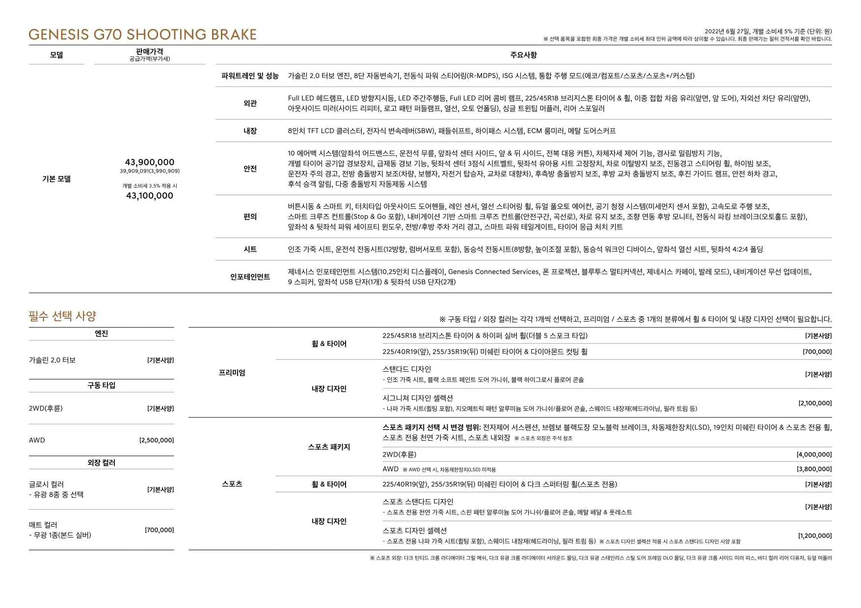 2022년 6월 제네시스 G70 슈팅브레이크 가격표 3쪽