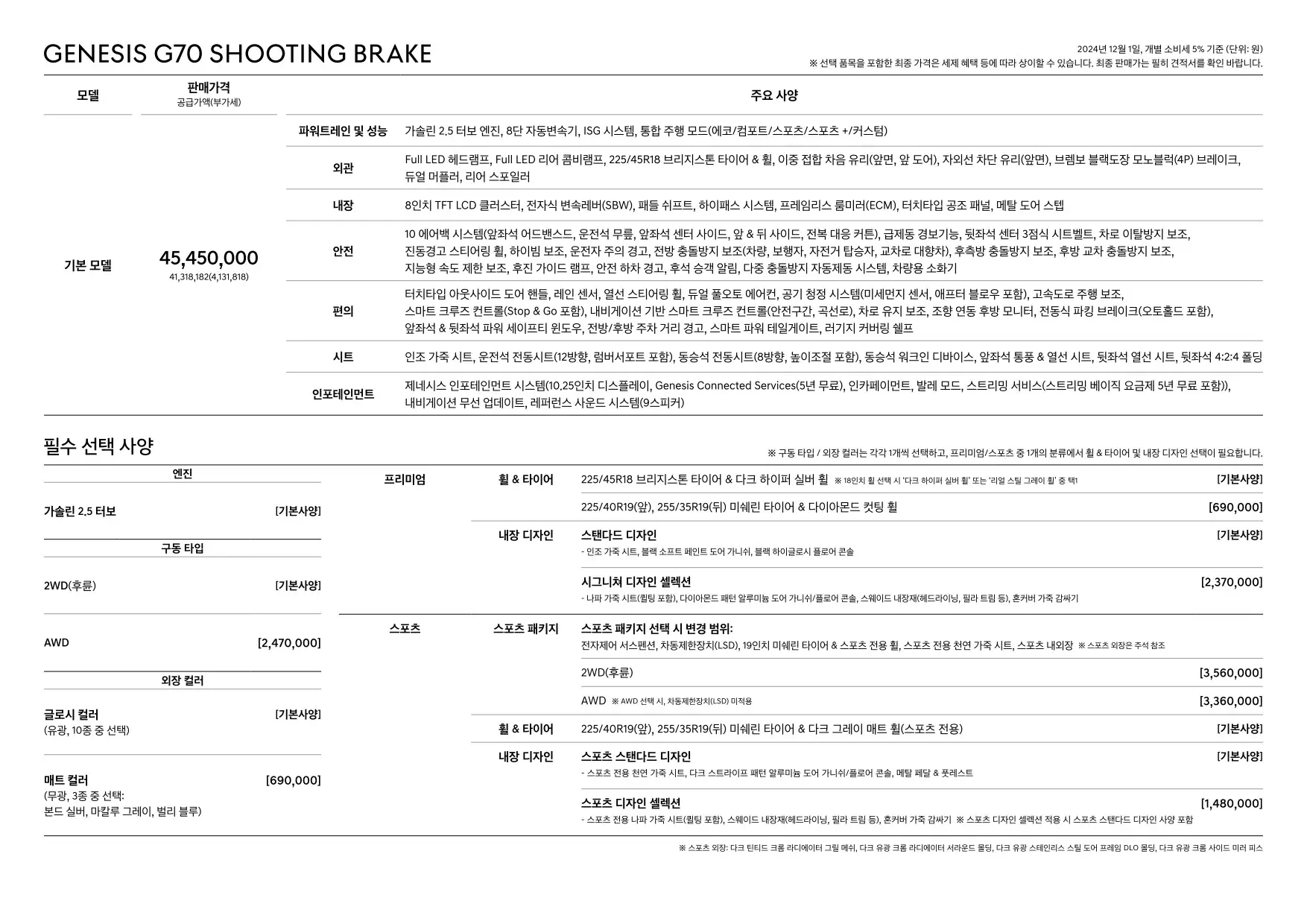 2024년 12월 제네시스 G70 슈팅브레이크 신차가격표 1쪽