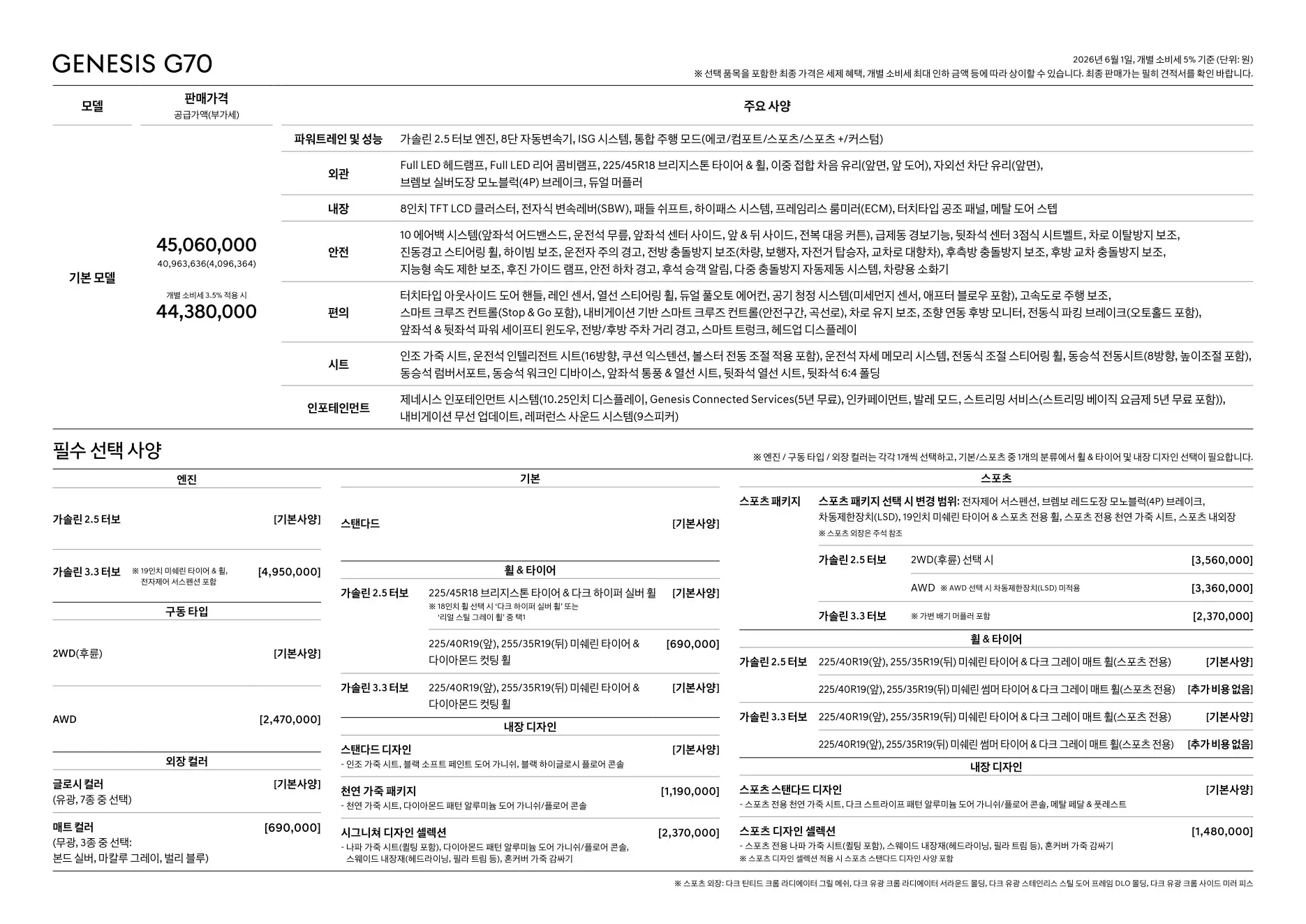 2026년 6월 G70 신차가격표 2쪽