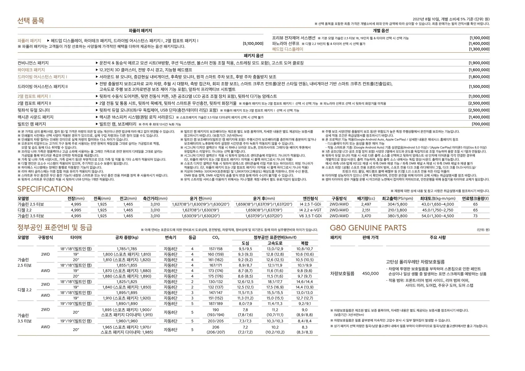 2021년 8월 G80 신차가격표 (G80 스포츠 출시) 3쪽