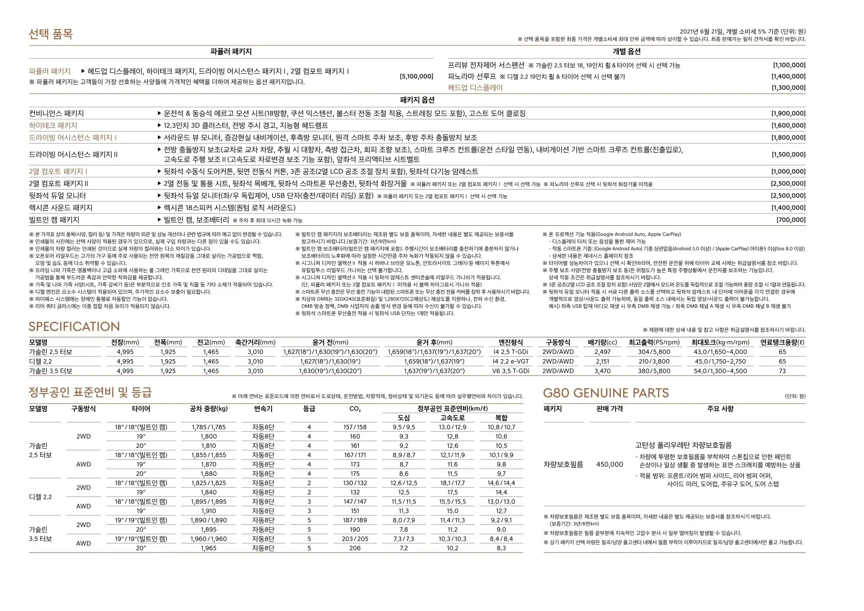 2021년 6월 G80 신차가격표 (2022년형 G80 출시) 3쪽
