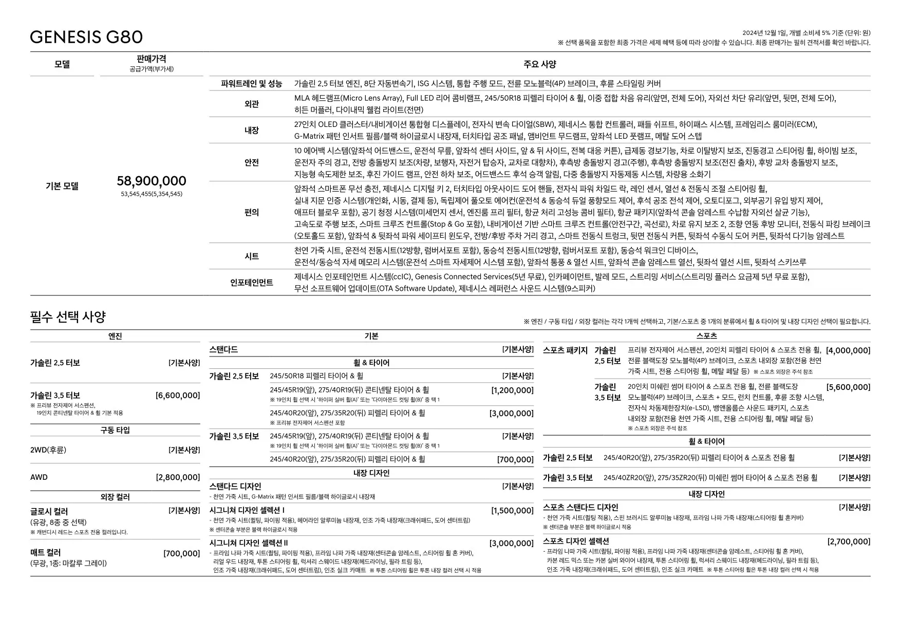 2024년 12월 제네시스 G80 신차가격표 2쪽