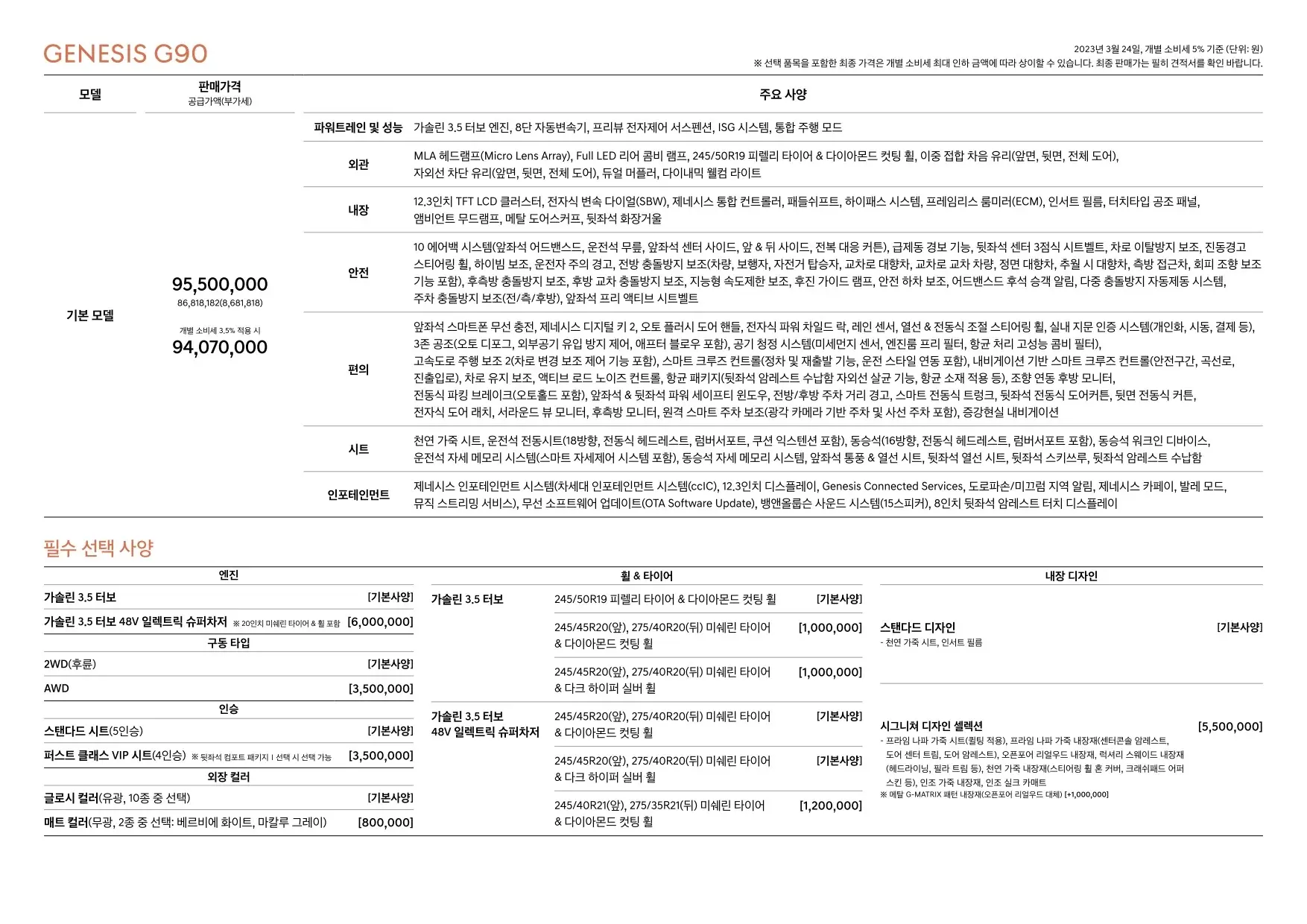 2023년 3월 제네시스 G90 신차가격표 (2023년형 G90 출시) 2쪽