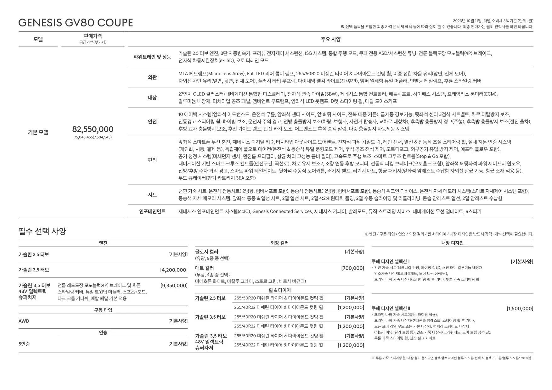 2023년 10월 GV80 쿠페 가격표 (GV80 쿠페 출시) 2쪽