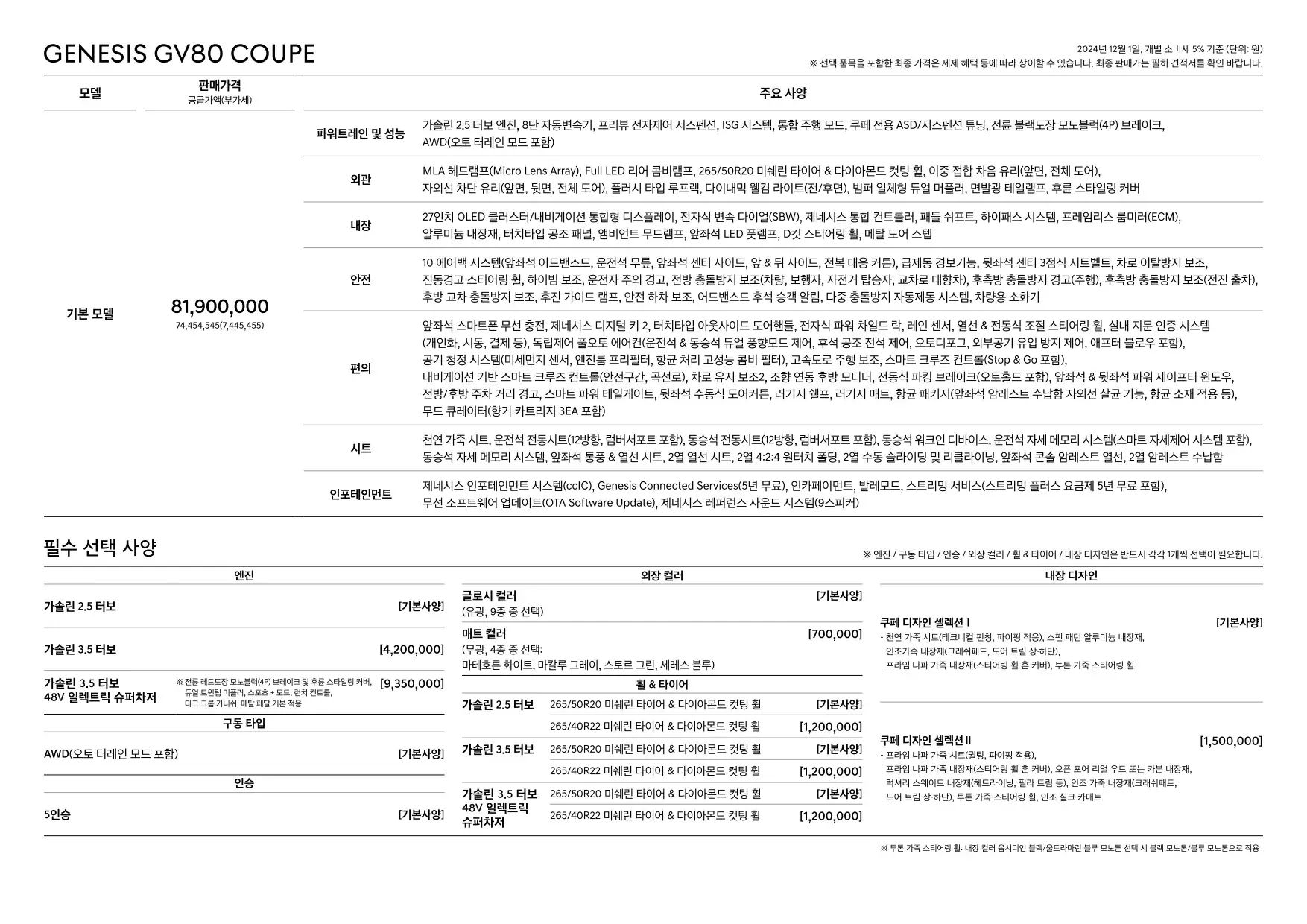2024년 12월 제네시스 GV80 쿠페 신차가격표 1쪽